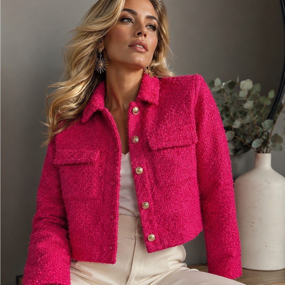 Rachel Zoe Fuchsia Bouclé Cropped Jacket with Gold Buttons - Picture 1 of 5